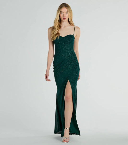 Daleyza Bustier Slit Glitter Column Formal Dress