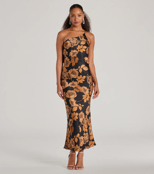 Sensational Sultry One-Shoulder Floral Satin Maxi Dress
